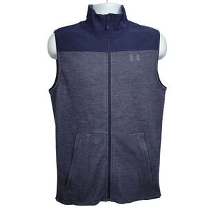 Under Armour Mens Small Fleece Specialist Vest Grid Blue Full Zip Pockets NEW